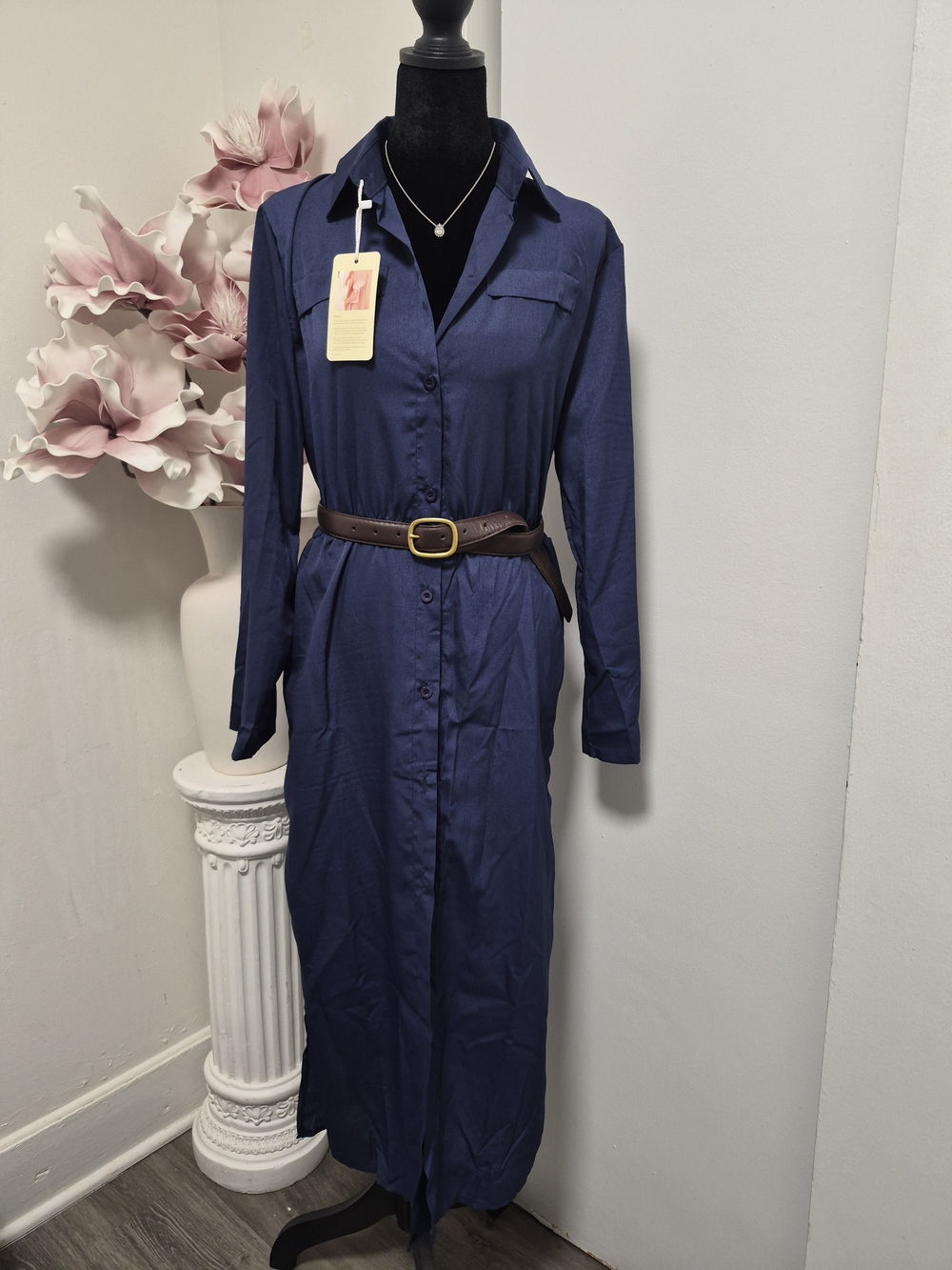 Women's Navy Long-Sleeve Button-Front Shirt Dress (Brown Belt Not Included)